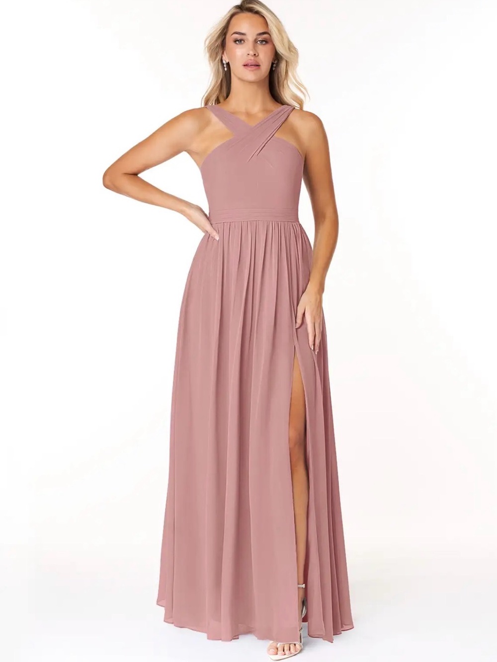 Azazie Dusty Rose Elvira Crisscross One-Shoulder Maxi Dress